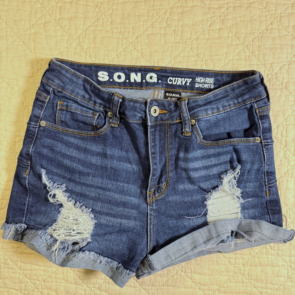 Curvy High Rise Distressed Denim‎ Shorts Dark Wash Size 5/27 SONG